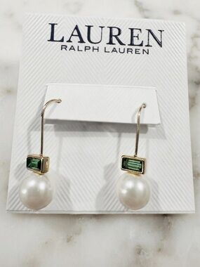 Lauren Ralph Lauren Gold Tone Erinite Pearl Baguette Drop Earrings